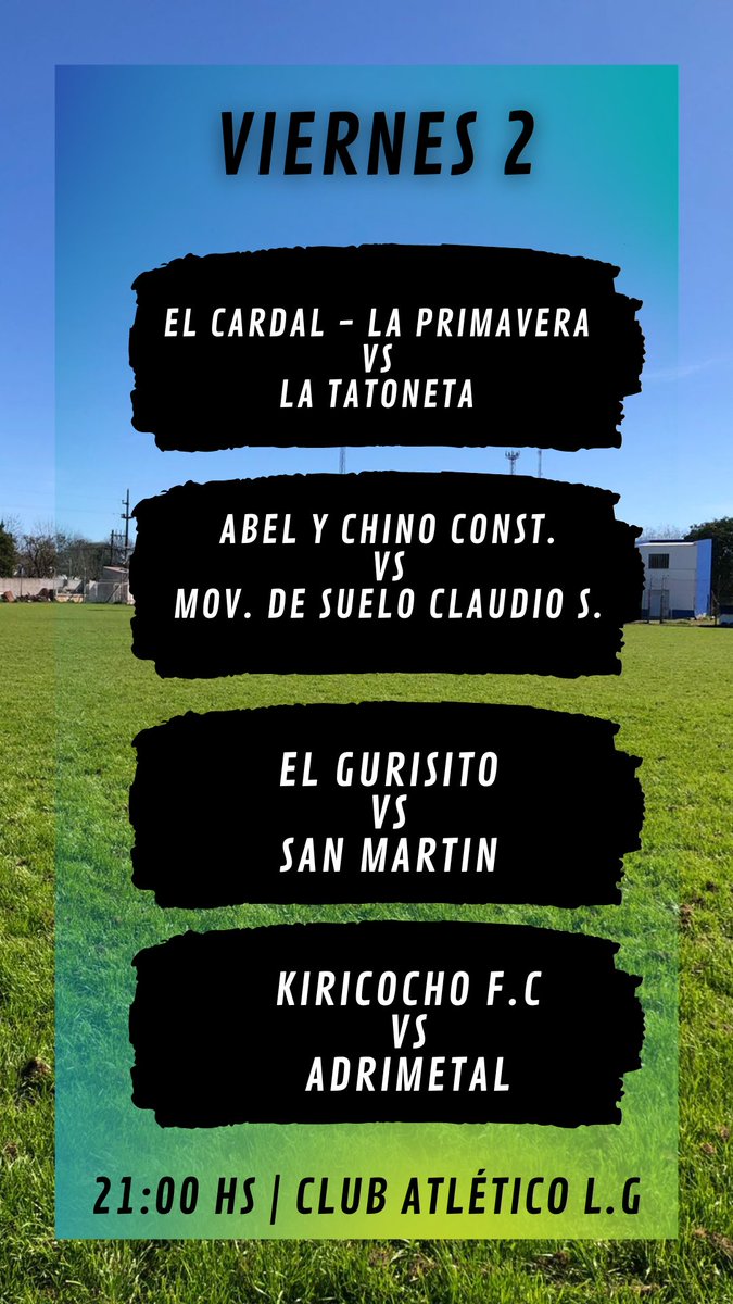 HOY PAPI FUTBOL 🥳🎉💙
📅 Viernes 2
⏱️ 21:00 Hs.
🍔 Servicio de Cantina - Tortas Fritas - 
Hamburguesas - Choripanes - Papas Fritas

LOS ESPERAMOS!