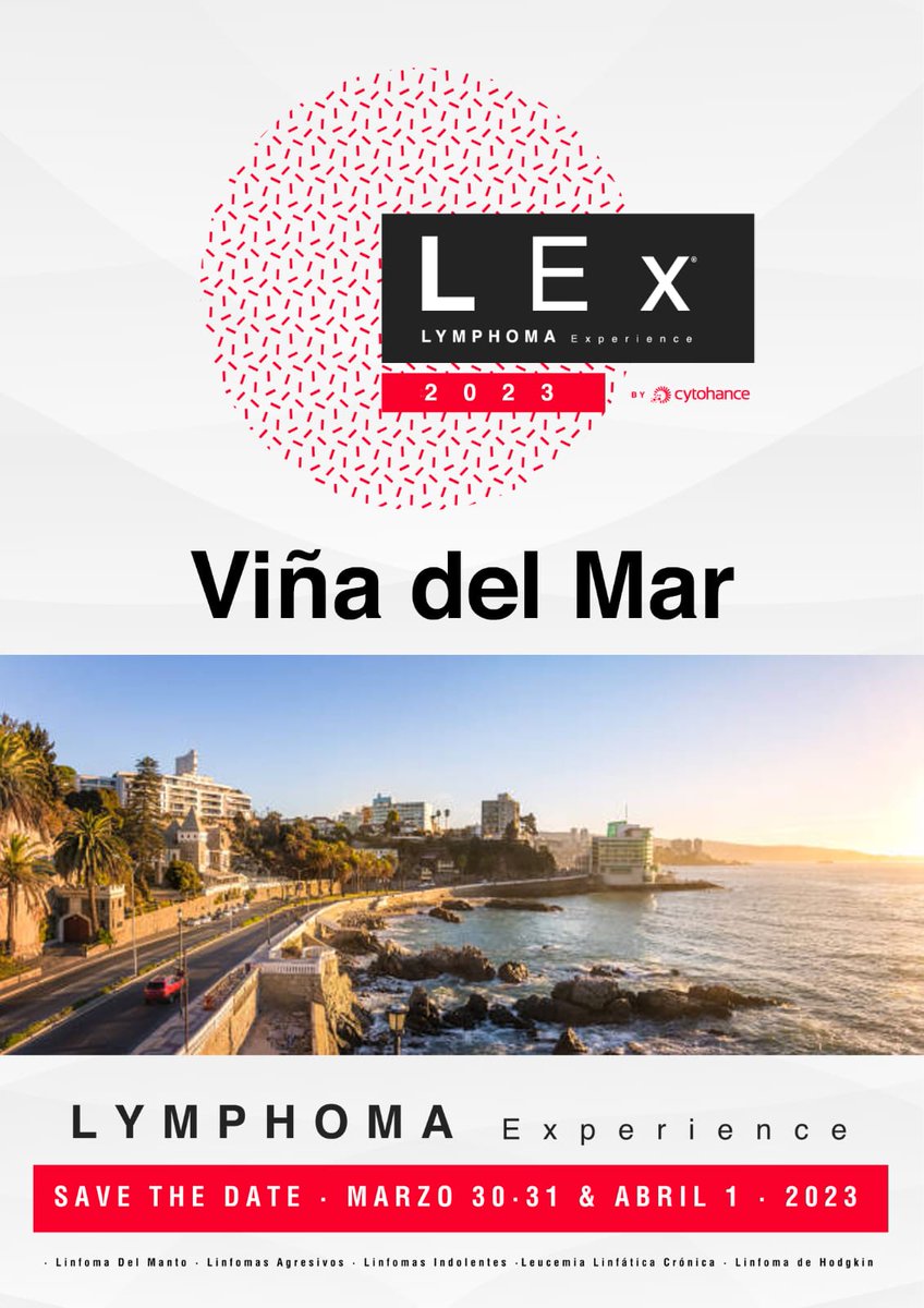 ¡SAVE THE DATE!

LEx 2023 - Viña del Mar, Chile
2do curso / congreso de Linfomas 

¿por qué?
- actualización del rápido cambio en prácticas clínicas
- discusión de aplicabilidad en escenarios complejos
- trabajos libres de datos en LATAM
- excelente ambiente y experiencia!