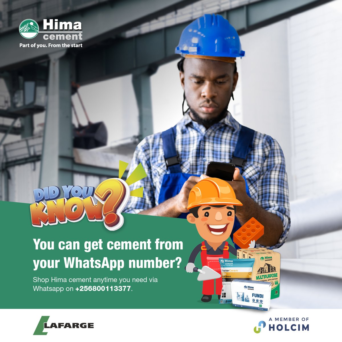 HimaCement's tweet photo. No matter what day it is, your phone will always be with you. You can now order cement or any Hima product you need via WhatsApp on +256 800 113 377.
#PartOfYouFromTheStart #HimaCement #BuildingBetterCities #TectorCeram #BondsforaLifetime #BossUpWithKafluu https://t.co/3KYhOyVL3D