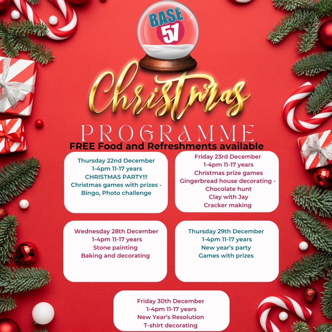 base51's tweet photo. Come along from the 22nd December - 30th December for all our activities - all free of charge 🎄🎅
Please remember we are closed 24th,25th,26th & 27th December
The Base 51 Team😊
#whatsonnottingham #christmasprogramme #youngpeople #youthcentre #Nottingham https://t.co/K9TCTsjB8Q