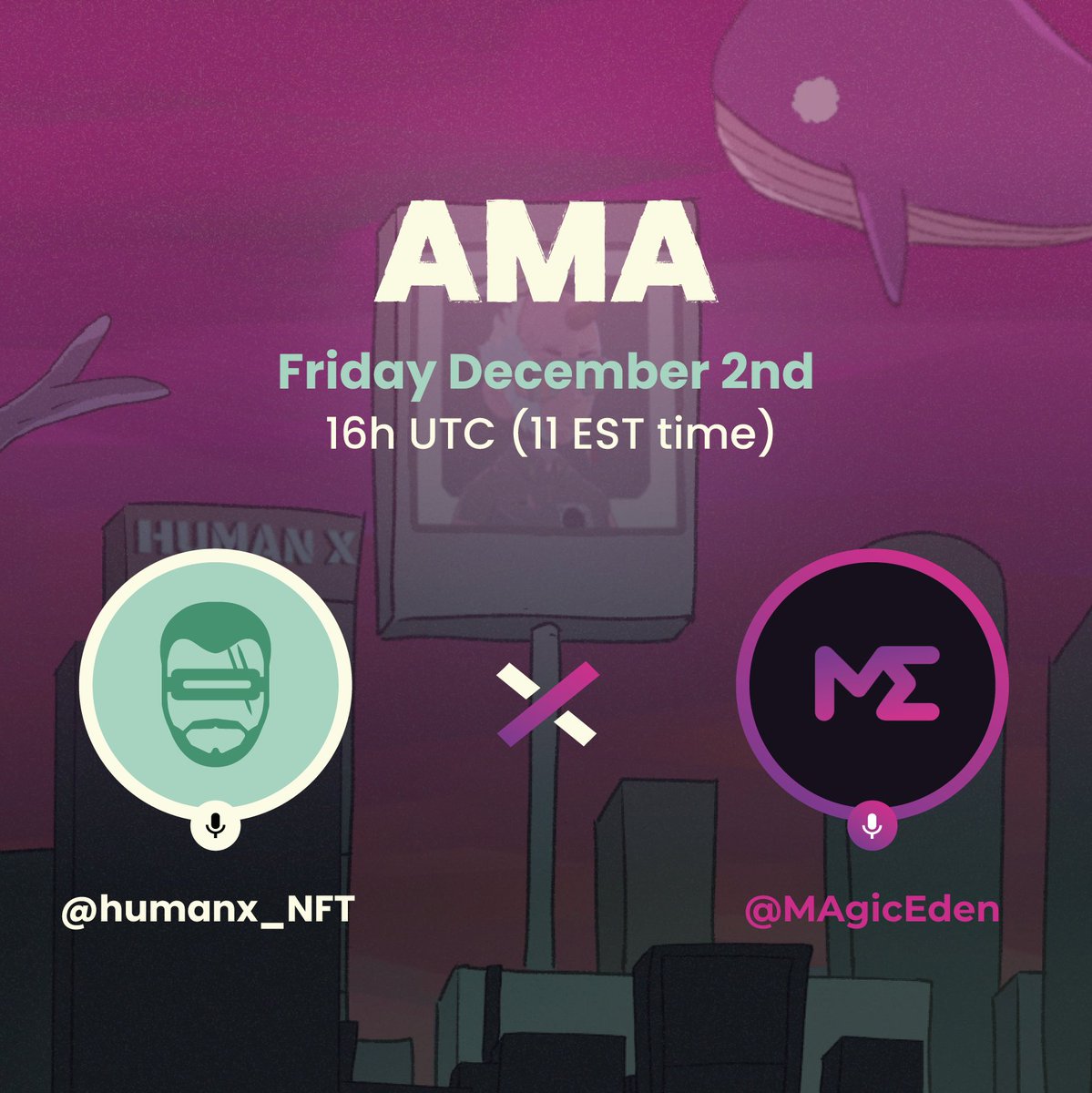 Join us today at 16h UTC ( 11h EST ) when we 
join Magic Eden 🪄 in an all inclusive Space!

Some of the conversation topics :

🛠️ Utility Updates
🫂 Community Building
🗺️ Roadmap 
🧑‍💼 Short &amp; Long term plans

See you there Humans ❤️