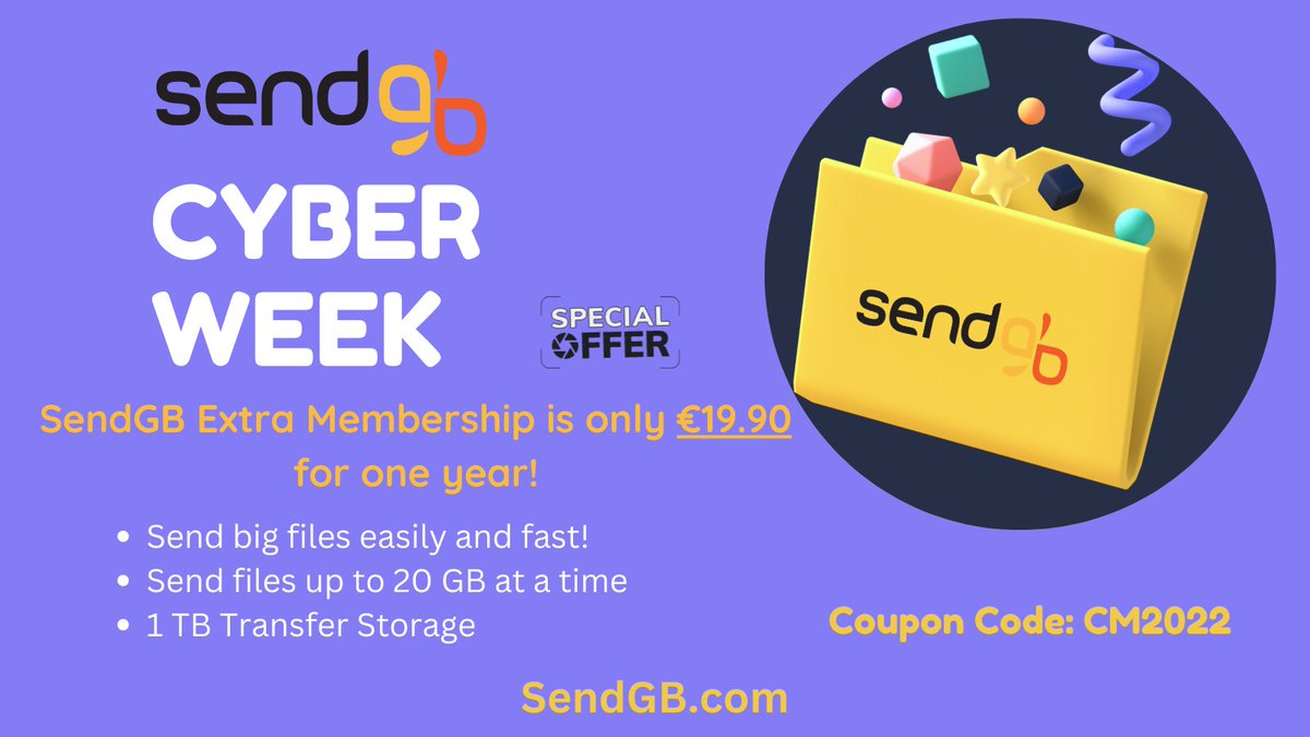 SendGB Cyber Week Offer: File transfer up to 20 GB at a time &amp; 1 TB transfer storage for just €19.90 for one year. Coupon code: CM2022 #wetransfer #Dropbox 
sendgb.com/en/sendgb-extr…