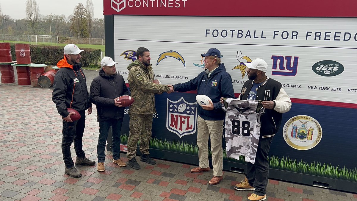 GovernorPataki's tweet photo. We are on the ground in Ukraine today, delivering hundreds of footballs collected from @NFL, College, and High School teams across the USA to children displaced and/or orphaned by the war.   #FootballsForFreedom https://t.co/lBD27kEmC3