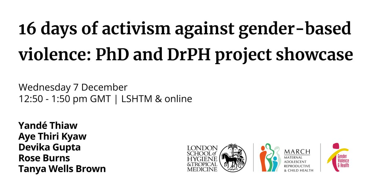 As #16Days of Activism Against #GBV draws to a close, DrPh and PhD students <a href="/LSHTM/">London School of Hygiene & Tropical Medicine</a> share their research:

🇰🇪 Transactional sex and sexual violence 
🇲🇲 Child domestic work
🇮🇳 Dating violence
🇸🇱 Violence during outbreaks
🇲🇿 Child marriage

👉 bit.ly/3XRUXUr