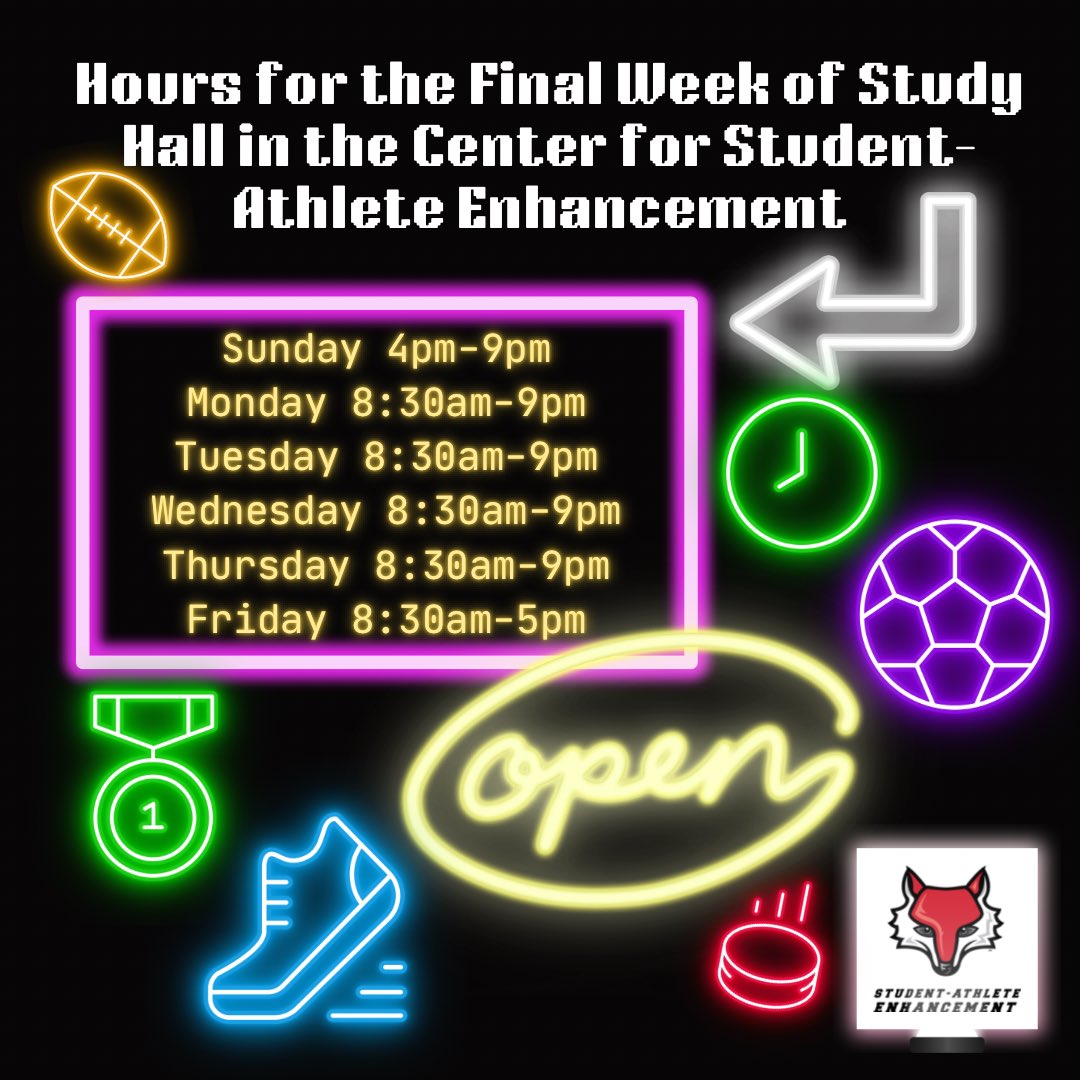 MaristCSAE's tweet photo. It's hard to believe it's that time of the semester again Red Foxes!
This is the last week of study hall in the Center for Student-Althete
Enhancement.

Hours:

Sunday 4pm-9m
Monday 8:30am-9pm
Tuesday 8:30am-9pm
Wednesday 8:30am-9pm
Thursday 8:30am-9pm
Friday 8:30am-5pm https://t.co/IIiLWRR1su