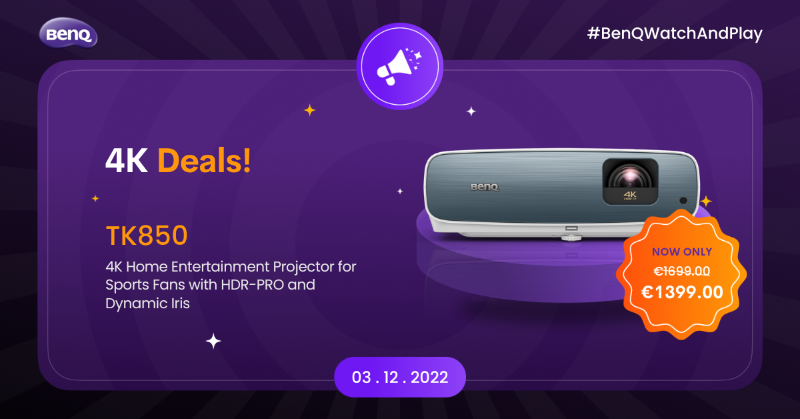 BenQEurope's tweet photo. 03.12: #4K deals continue!
📽️ Today on #TK850 - 4K home entertainment projector for sports fans.
👇 Grab the deal via link below 👇
#BenQ #projector #football #adventcalendar #BenQWatchAndPlay
