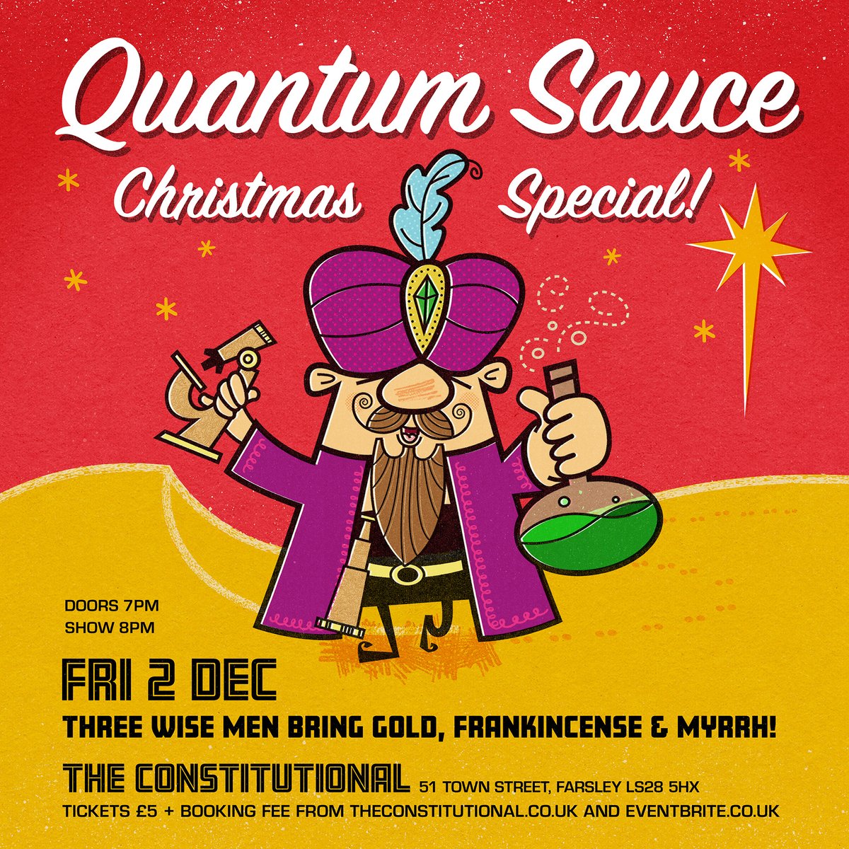 🤣 TONIGHT 💥
🤯 Science Meets Stand-Up... with Beer 🍻

Three experts talk, featuring:
🥇 Prof Steve Evans - GOLD 
🕯Duncan Boak - FRANKINCENSE
🧟‍♂️ Stephen Buckley - MYRRH

🎟 tinyurl.com/mrxykw3r £5 + Booking Fee. 
⏰ Doors 7pm. Starts 8pm. @Quantum_Sauce