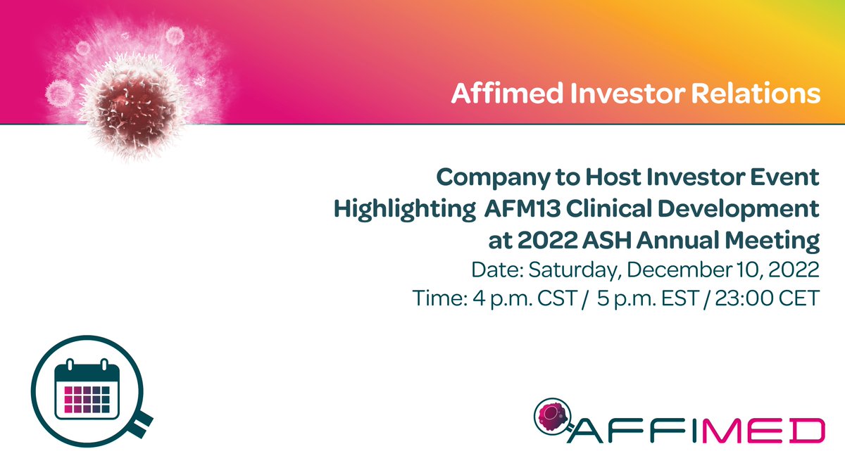 Affimed will be hosting an investor event on December 10th at 4 p.m. CST / 5 p.m. EST / 23:00 CET in conjunction with #ASH22 to provide an update on our AFM13 development strategy. Please find more information here: bit.ly/3XQ8snC
