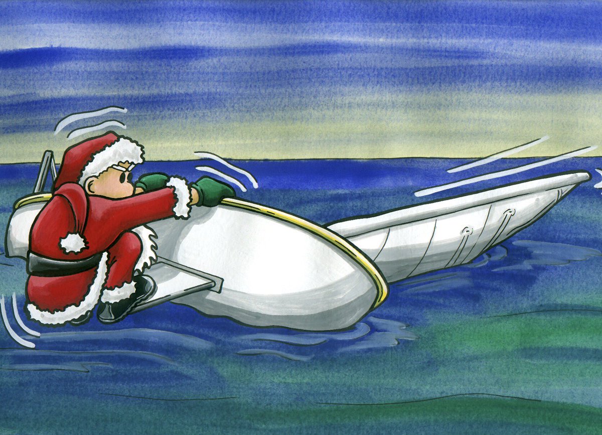 “Christmas Capsize!”
Time to fill my timeline with some of the hundreds of Santa pictures I’ve done over the years.
.
#santa #fatherchristmas #santaclaus #christmas 
#SailingArt #SailingCartoon #sailing #OneDesign #OnedesignSailing #Sails 
#DinghySailing  #bylauriedesigns