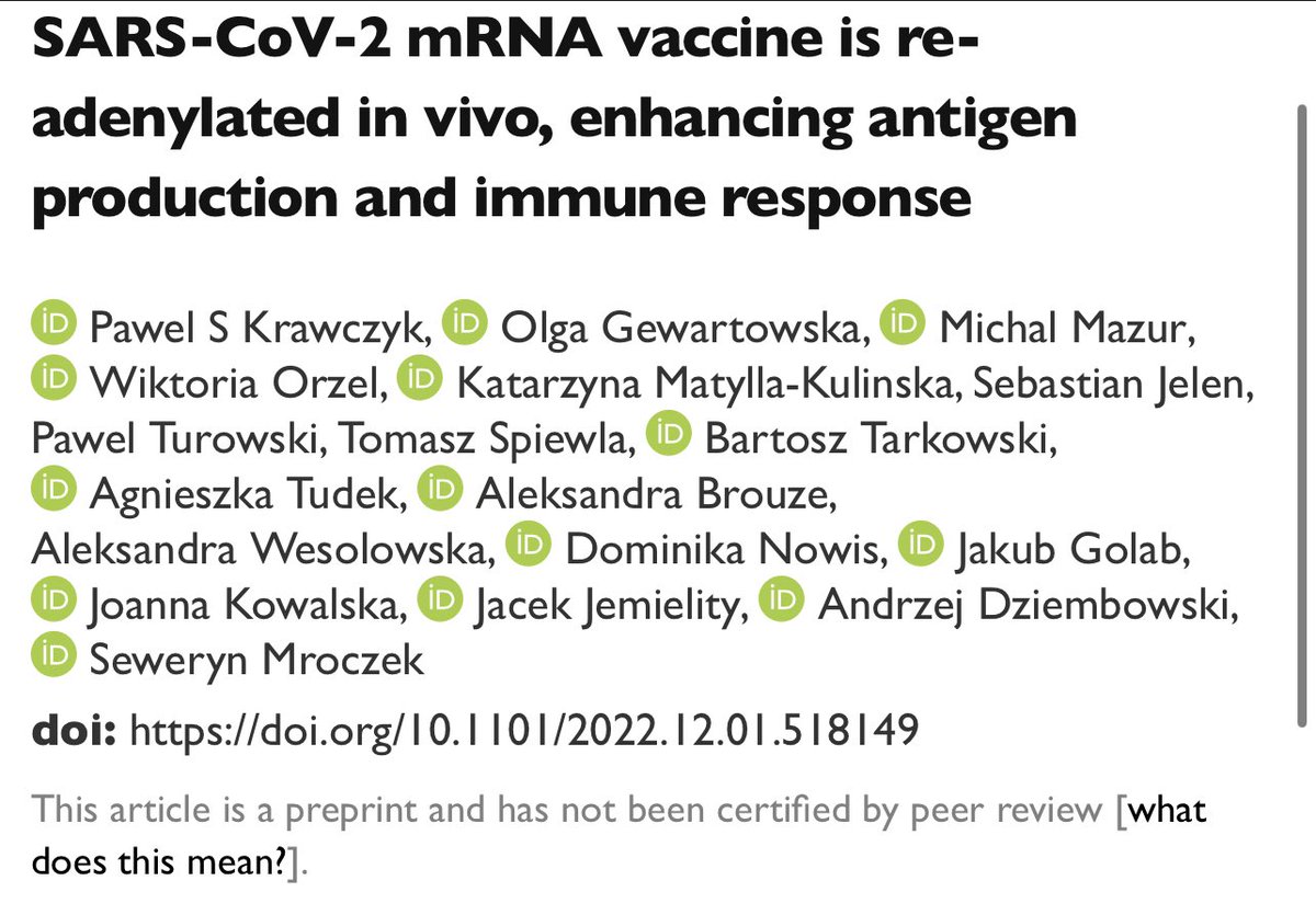 RNA World is bizzare, mRNA vaccines get chewed up from the tail at first, but then more tail is added? Looking forward to reading this one. biorxiv.org/content/10.110…