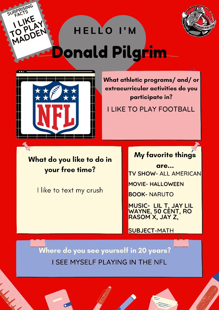 WilliamDaviesMS's tweet photo. Our #DragonHearted student of the week is the one and only Donald! This student athlete loves to play football and always gives it his best! Have a great week Donald! https://t.co/H4DfmQ8nUy