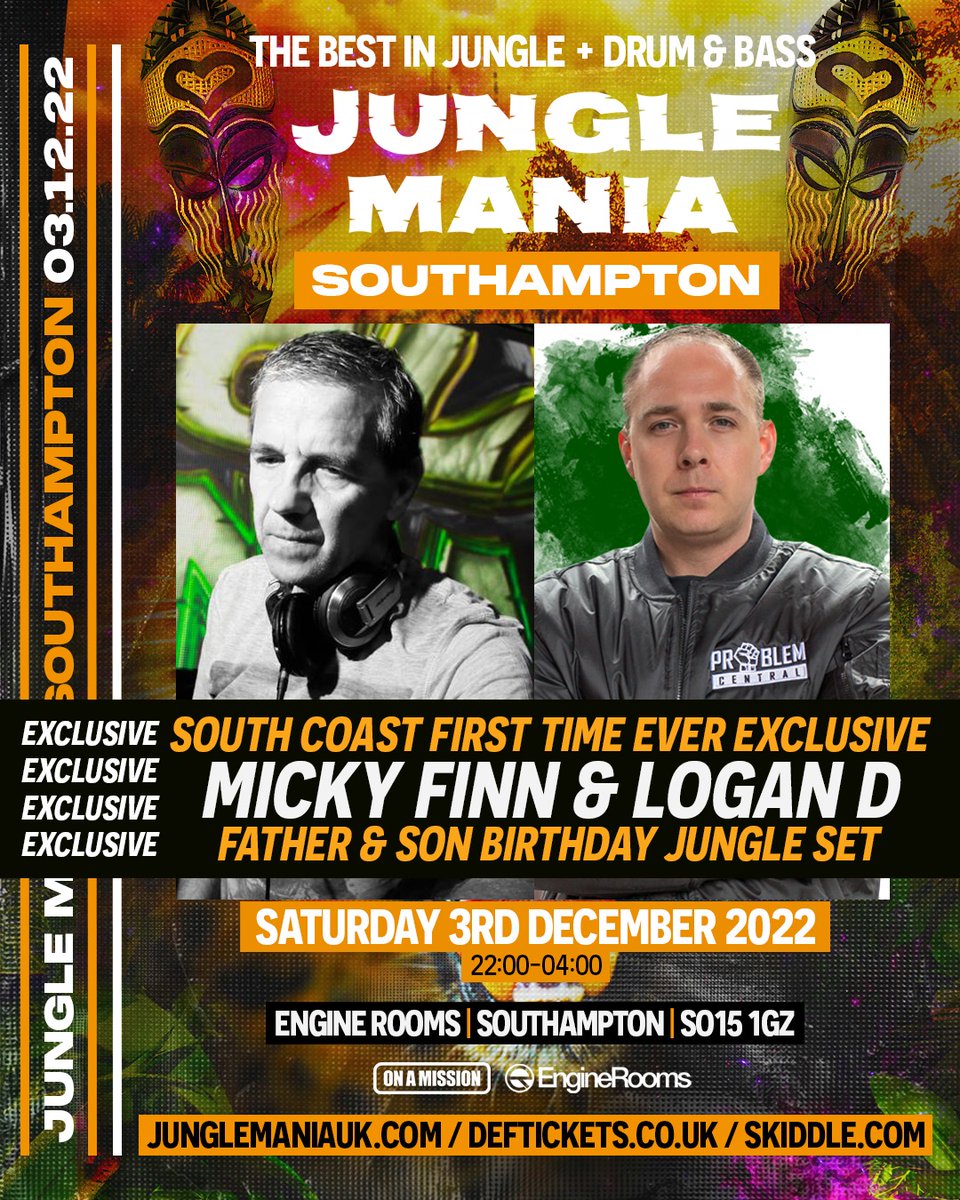 Birthday Exclusive Father & Son b2b with @LoganD1983 and myself @junglemaniauk Saturday 3rd December 2022 Southampton. @EngineRoomSoton Cant wait for this one.