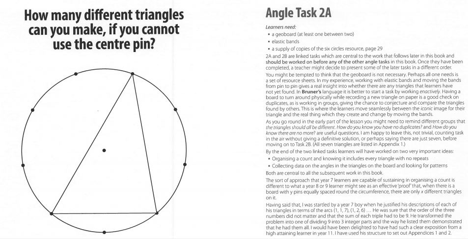 Exploring Geometry with a 9-pin Circular Geoboard is another brilliant resource with goal-free tasks to move learning forwards. It looks at geometric reasoning while encouraging problem solving within many areas of mathematics. bit.ly/ExpGeo9pin