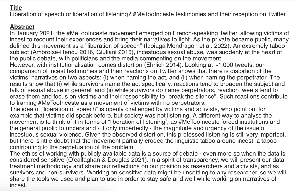 LIP_RG's tweet photo. For our next virtual talk (Thursday 8th December, 12pm UK time), @OceFoubert, Lola Marinato and Robin Vallery  from Université de Lille will be sharing their research into MeTooInceste testimonies on Twitter as well as some advice on researching sensitive data.

All welcome. https://t.co/WAWi7Sk6Rw