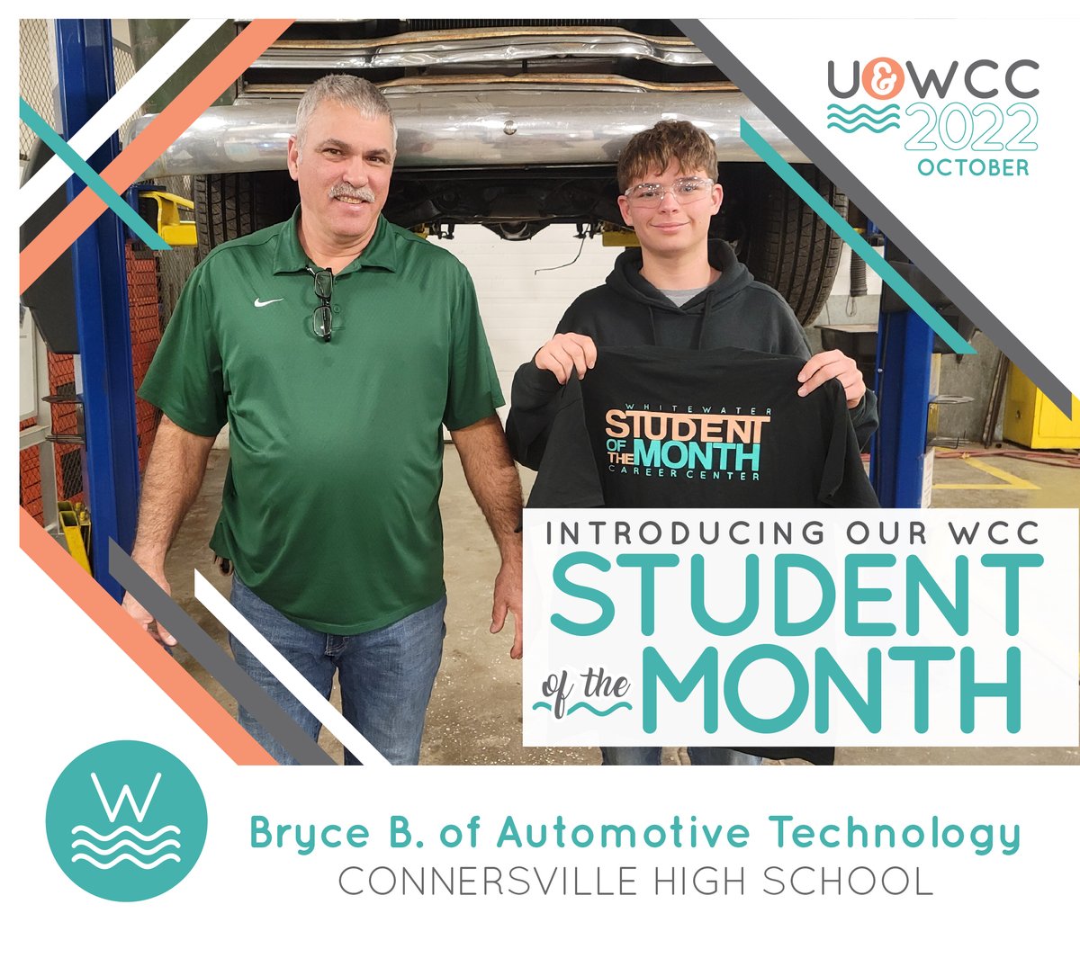 Congrats to our October Student of the Month, Bryce B, posing with his Automotive Technology instructor, Mr. Bever.  #WCCOpportunity  #studentsuccess