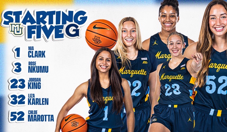 MarquetteWBB's tweet photo. Starting unit for the start of league play!
#MWUBB https://t.co/QK1NYyk8DM