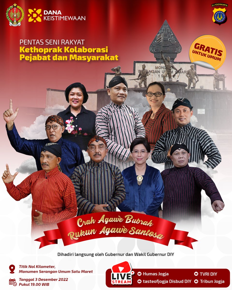 PoldaJogja's tweet photo. #Guyub lan Seneng Bareng Konco,
Nonton Kethoprak ing #Malioboro
.
Sedulur, yang ditunggu-tunggu telah datang!
Pentas Seni #Rakyat #Kethoprak inisiasi Sri Sultan Hamengku Buwono X akan menjadi sajian tepat menikmati malam minggu pertama di bulan #Desember 2022 ini. https://t.co/sqGWHzsOSS