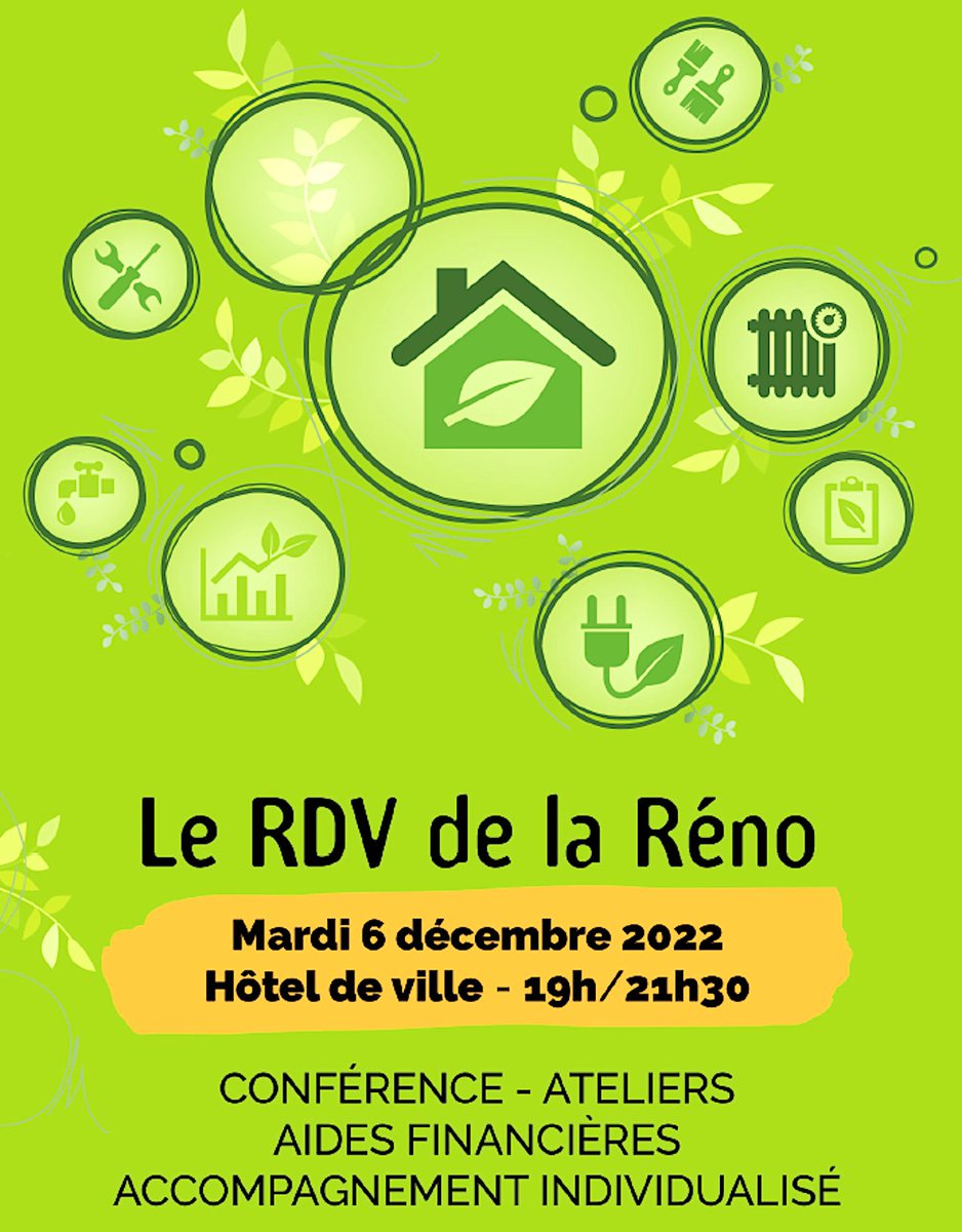 💡🏠Pour répondre à toutes vos interrogations sur les démarches de rénovation énergétique de votre logement la Ville organise avec ses partenaires spécialisés, ce premier Rendez-vous de la Réno à l’attention des particuliers, à l’Hôtel de ville le mardi 6 décembre de 19h à 21h30.