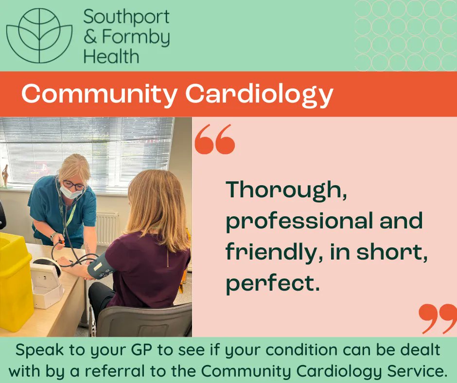 SAF_Health's tweet photo. Our Community #Cardiology Service has had some fantastic #feedback throughout November! 👍

If you're interested in this service. Speak to your #GP to see if your condition can be dealt with by a referral to the #CommunityCardiology Service. ❤ 

#Southport #Formby #NHS https://t.co/Mv2ST0XVt1