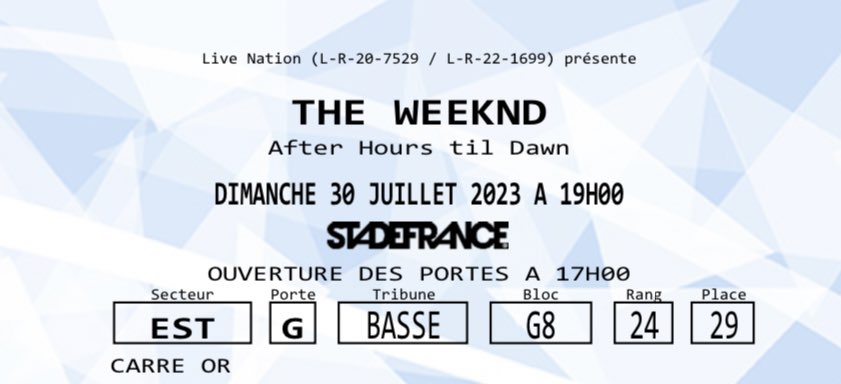 breezefro's tweet photo. Je vend une place pour The Weeknd en carré Or très très bien positionné le dimanche si quelqu’un est intéressé qu’il me dm vite !!!!! #TheWeeknd #concertTheWeeknd #AfterHoursTilDawnTour https://t.co/igmKJFr0td