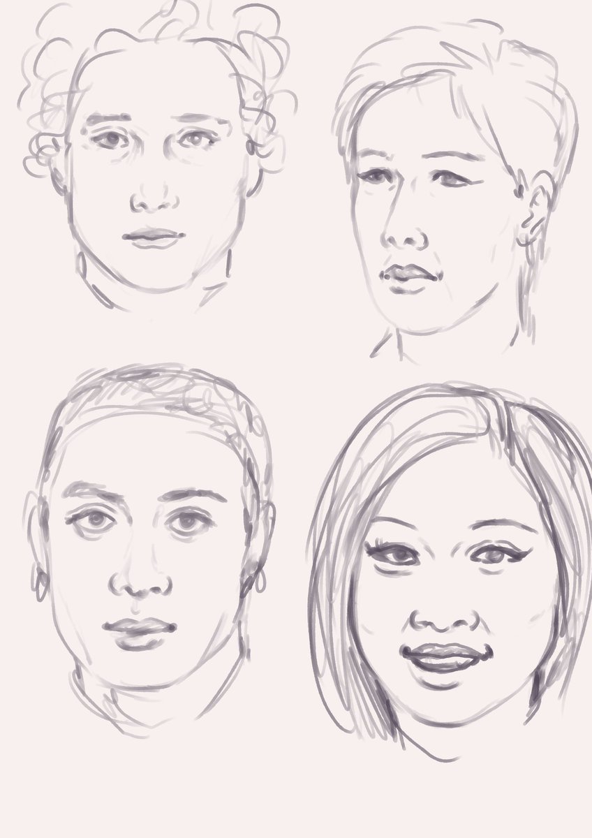pinchpork's tweet photo. Been so busy I haven't been able to draw a full illustration so what I have been doing instead is pulling up random faces on thispersondoesnotexist and trying to sketch them without any erasing in 2 minutes or less. Really fun exercise and helping me draw more variety of faces https://t.co/L5wTGun2Xl