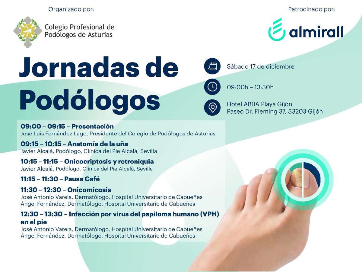 🤓 Ojo a lo que os tenemos preparado para el día 17 de diciembre junto a Almirall ... ¡La última formación del año!
✍ Si no te lo quieres perder, puedes apuntarte directamente desde este enlace🖱 whttps://www.podologosasturias.com/cursos.

#ColegiodePodólogosAsturias #Podología