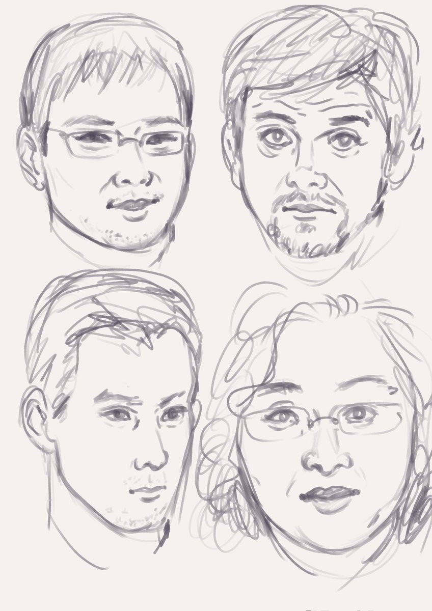 pinchpork's tweet photo. Been so busy I haven't been able to draw a full illustration so what I have been doing instead is pulling up random faces on thispersondoesnotexist and trying to sketch them without any erasing in 2 minutes or less. Really fun exercise and helping me draw more variety of faces https://t.co/L5wTGun2Xl