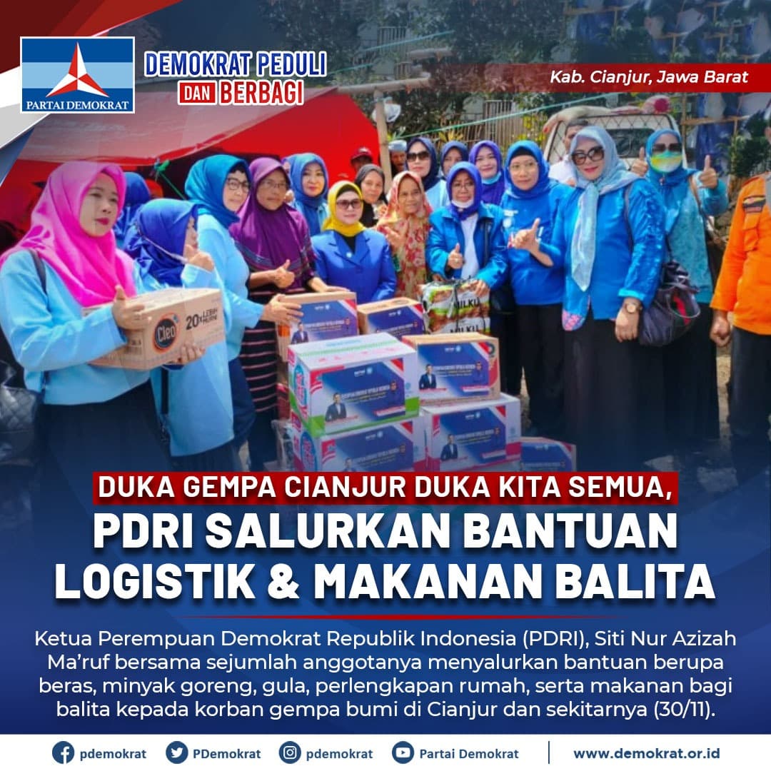 riana_krisnata's tweet photo. Duka Gempa Cianjur Duka Kita Semua !

Ketua Perempuan Demokrat Republik Indonesia (PDRI) salurkan bantuan logistik &amp; makanan balita. @sitinurazizah_maruf @agusyudhoyono 

#pdri #bakomstra #demokratuntukrakyat #demokrat #agusyudhonoyo #rianakrisnata #indonesia #CianjurBerduka https://t.co/yr9vi4M0K3