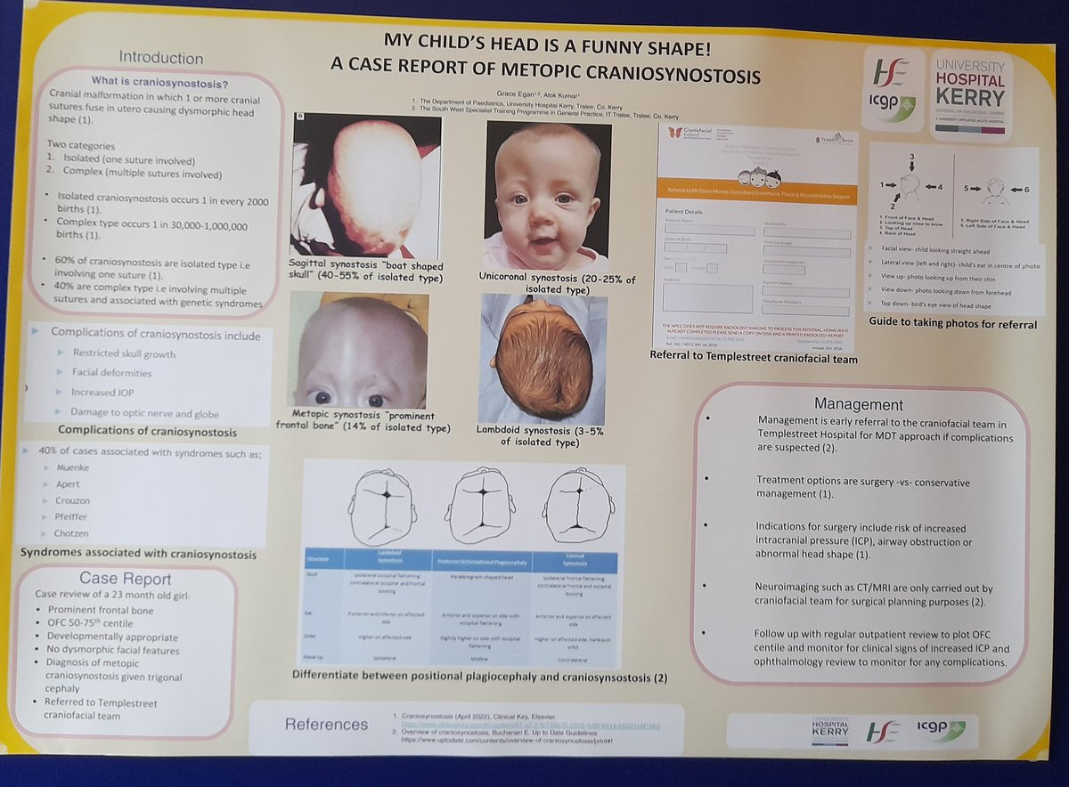 shirley_bracken's tweet photo. If you are attending #IPA2022 & would like to learn more about craniosynostosis & how to refer to us @cranioIE @TempleStreetHos Check out Poster no 29 from Dr Healy & Dr Kumar @hospital_kerry @ICGPnews Lovely to randomly meet Grace yesterday. *Excuse the poor quality 📷 https://t.co/woawISqfXR