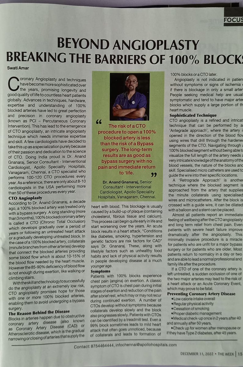 Advanced cardiac techniques help prevent bypass surgeries. My article in The Week dated December 11, 2022 available in the stands from today

#ApolloHospitals #angioplasty #coronaryarterydisease #coronaryheartdisease #CoronaryAngiography #cardiologist #cardiology #cardiovascular