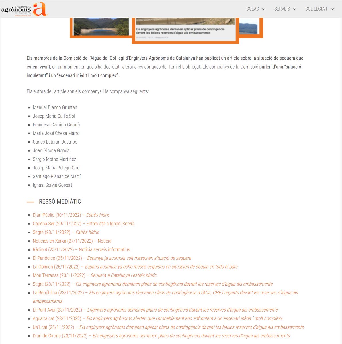 iservia's tweet photo. Rebuda la Circular setmanal @Eng_Agronoms

Hi ha un resum dels 14 mitjans on va apareixer l'article redactat per la comissió de l'aigua. 

Gràcies als mitjans per compartir aquesta informació. 

La precipitació registrada aquest novembre ens porta a recordar #cadagotacompta https://t.co/0K5cVPtcZQ