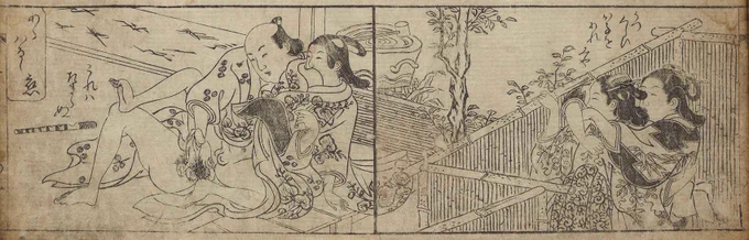 美しい少年を覗き見てキャーキャー言ってるのはわかるんだが、どうしても男色を見て興奮しているおなごたちに見える春画。 