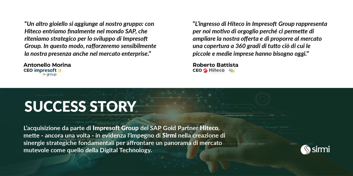 SirmiSrl's tweet photo. 🤝 M&amp;A con #MaurizioChimenti: annuncio dell'#accordo tra @FImpresoft e @Hiteco_MRK!

Si rinnova l’impegno di @SirmiSrl nella creazione di sinergie tra imprenditori e grandi aziende del mercato #IT: è il caso di @morina_a e #RobertoBattista (@hitecosrl).

#SuccessStory completa ⤵️ https://t.co/5IzsZtazvM