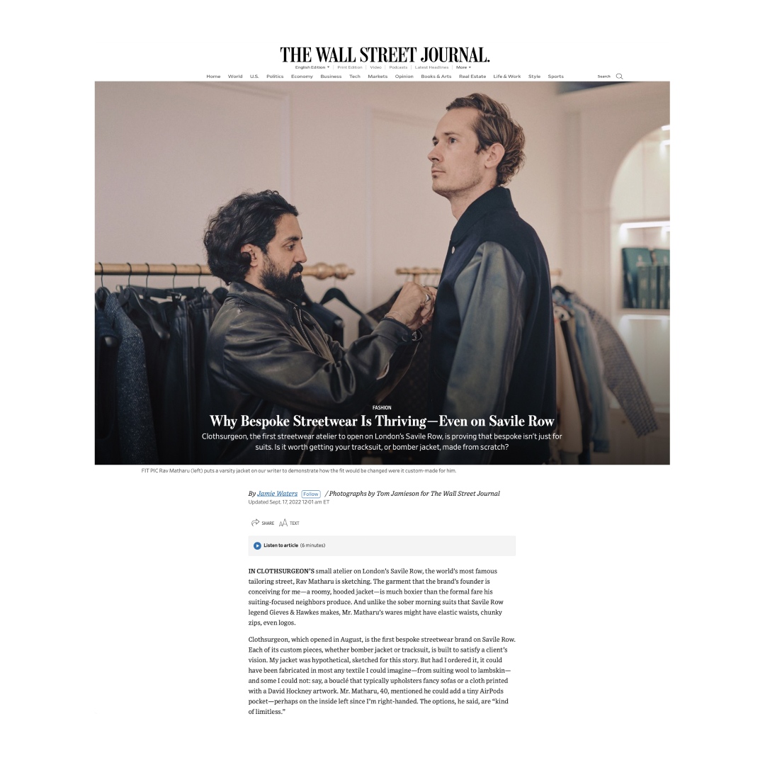 Bespoke streetwear is thriving on Savile Row, London. Rav Matharu on the art of two worlds colliding harmoniously through the clothsurgeon lens.⁠ Via <a href="/WSJ/">The Wall Street Journal</a> : wsj.com/articles/bespo…
