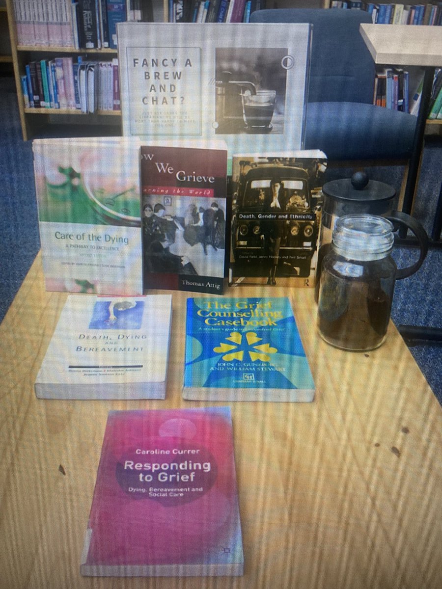 Charlotteryan26's tweet photo. Thank you to @JamesRyan9390 at our staff library @StockportNHS for this display of books for our staff to look at over National Grief Awareness Week #NGAW2022 @goodgrieftrust @PallCare_SNHSFT https://t.co/GzXqsR5CUe