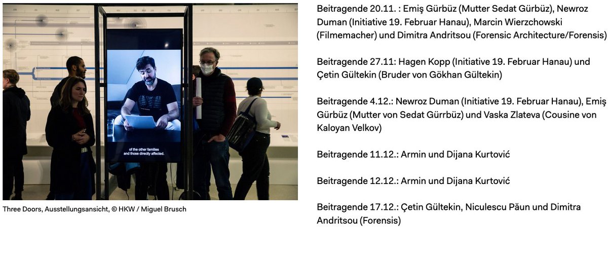 rechte_gewalt's tweet photo. Weitersagen und Hingehen! Am 4.12. sprechen Emiş Gürbüz, Mutter von Sedat Gürbüz, und Vaska Zlateva, Cousine von Kaloyan Velkov und Newroz Duman mit Besucher*innen von #ThreeDoors von @ForensicArchi @OuryJalloh @19FebruarHanau im @HKW_Berlin.
https://t.co/AcIbHJQrID https://t.co/d3Lk98el1T
