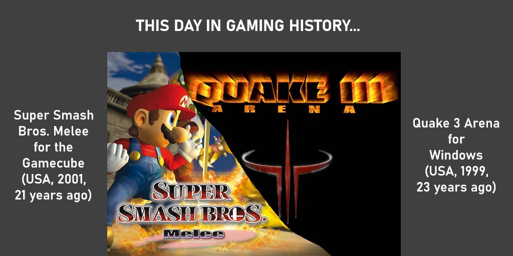 Solanimus's tweet image. This day in #gaming history, two of my top 5 favorite games of all time released on separate years in the USA: Quake 3 Arena (1999), and Super Smash Bros Melee (2001). This day was also when the DS released in Japan (2004) and when the Wii released in Japan (2006).
