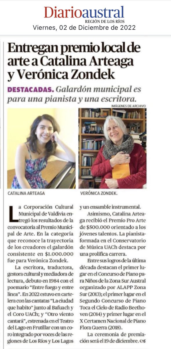 Premio Municipal a la Trayectoria y Pro Arte Joven tienen ganadoras 2022 y así lo destaca Diario Austral de #ValdiviaCL 👏🏻👏🏻<a href="/munivaldivia/">MuniValdivia</a> <a href="/INJUVLosRios/">INJUV Los Ríos</a> <a href="/culturaslosrios/">Culturas Los Ríos</a> @eligecultura <a href="/BPLosRios/">Red Bibliotecas Públicas Los Ríos</a> <a href="/bibliotecavaldi/">Biblioteca valdivia</a> <a href="/MunicipalVald/">Teatro Municipal Val</a> <a href="/queleovaldivia/">RioDeLetras</a>