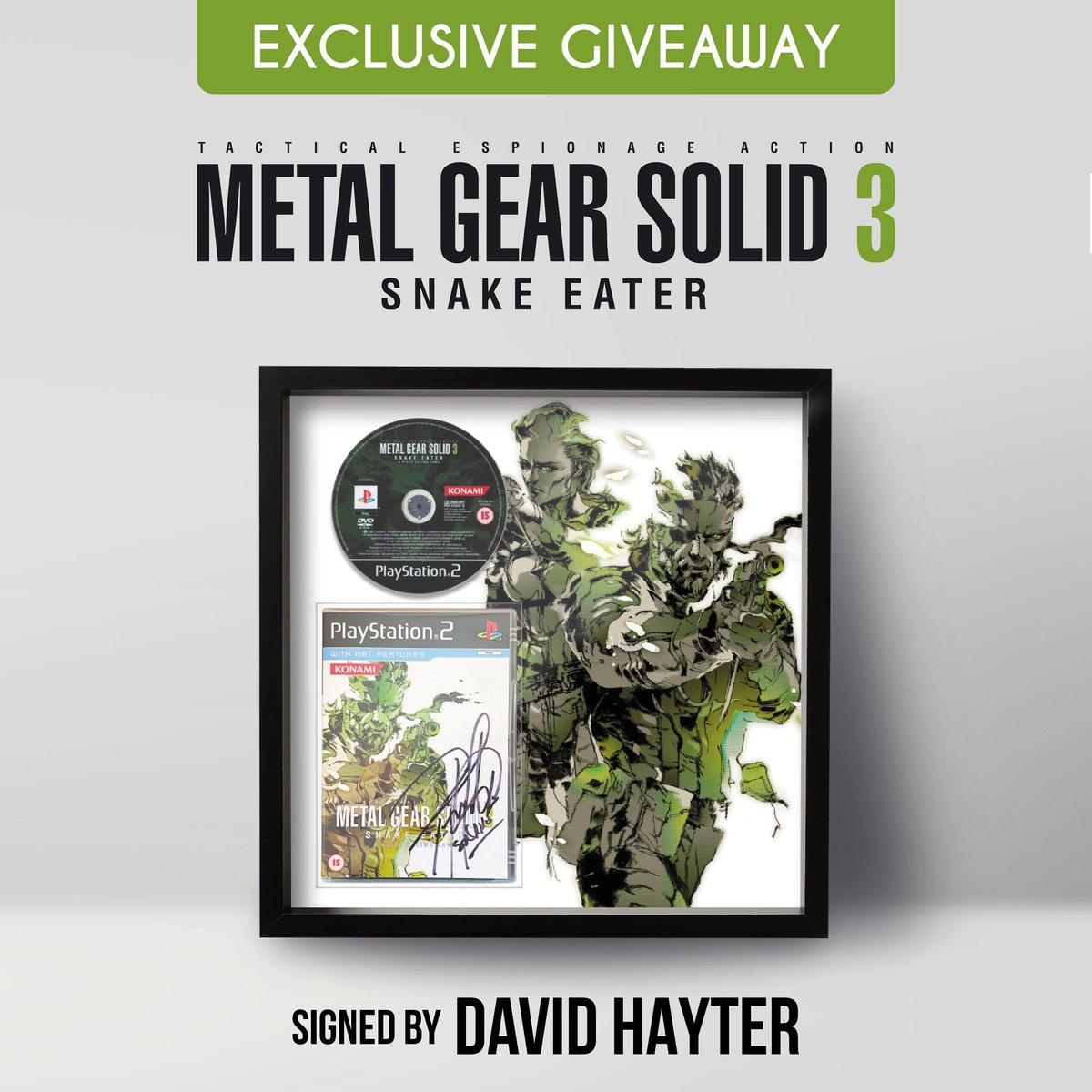 ❗️EXCLUSIVE GIVEAWAY❗️ I have a framed copy of #MetalGearSolid3, signed by the legendary Snake himself, @DavidBHayter! To enter: 👉🏼 Follow @frameagame 👉🏼 Retweet this tweet That’s it! 😎 Open to UK, US and Europe. Winner drawn 16.12.22. Good luck everyone!