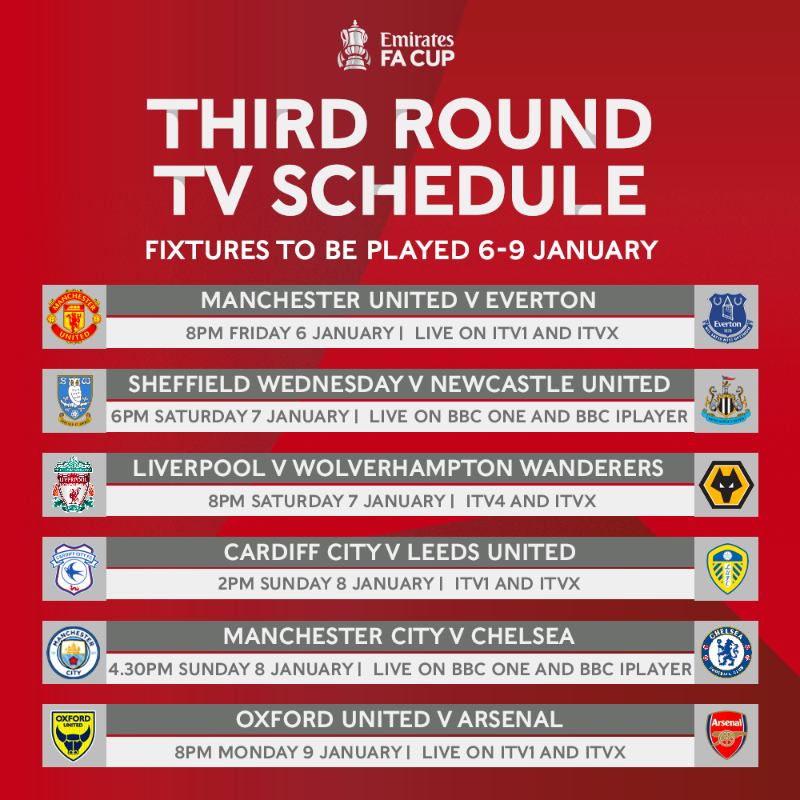 EmiratesFACup's tweet photo. Introducing your TV picks for the #EmiratesFACup third round! 📺🤩

Which games will you be watching? 👀