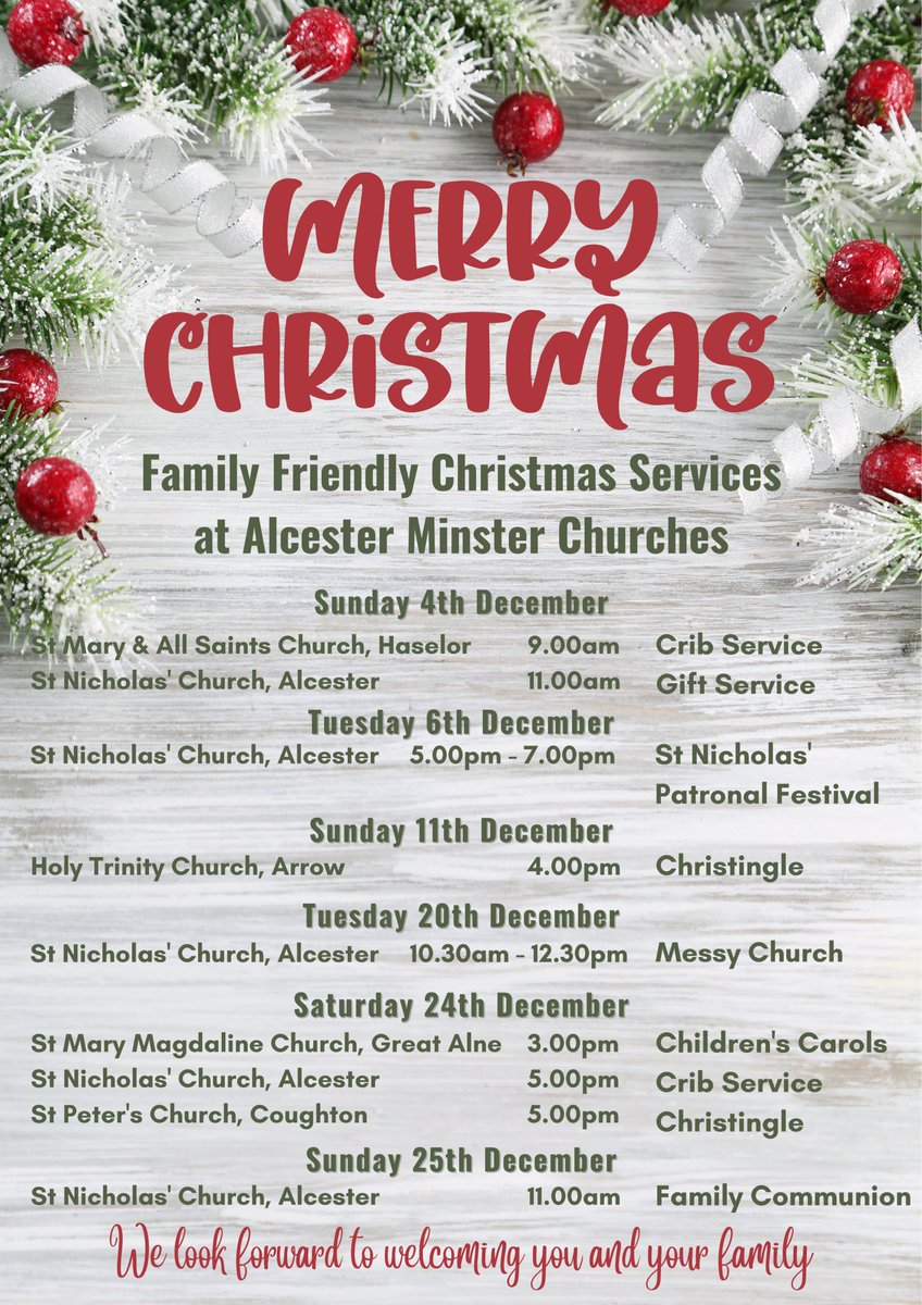 There are a large number of family friendly services taking place across the Alcester Minster Churches during December. You are most welcome. Please see the poster for details of when and where.