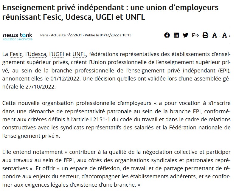 UPES_EPI's tweet photo. Le 27 octobre 2022, la @FESIC_EESPIG, l'UDESCA, l'@ActuUGEI et l'UNFL se sont réunies en AG et CA constitutifs afin de créer l’Union professionnelle de l’enseignement supérieur privé au sein de la branche de l’Enseignement privé indépendant (EPI). 
Voir article @NewsTankEduc 👇 https://t.co/9zEEiE7oo7