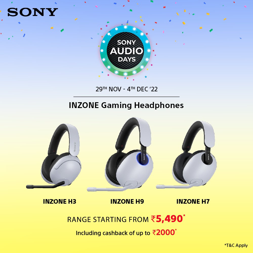 sony_india's tweet photo. Upgrade to superior gaming headphones and get into the zone with Sony INZONE.

Enjoy big savings &amp; assured cashback, do not miss out on these amazing #SonyAudioDays offers! ​
Shop now: https://t.co/F1At89D3oU
Amazon: https://t.co/Qfche25sN0 https://t.co/7ScKr1FD64