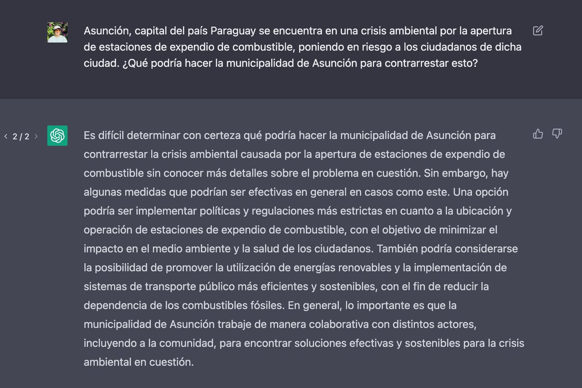 ossanchezo's tweet photo. El chat de OpenAI podría ser mejor intendente de Asunción con seguridad. Le pregunté que hacer con las tantas estaciones de servicios que se están abriendo y..

Es increíble lo bien que habla en español. ¿Quieren que le pregunte algo? 🙂 https://t.co/56PguBSQlv