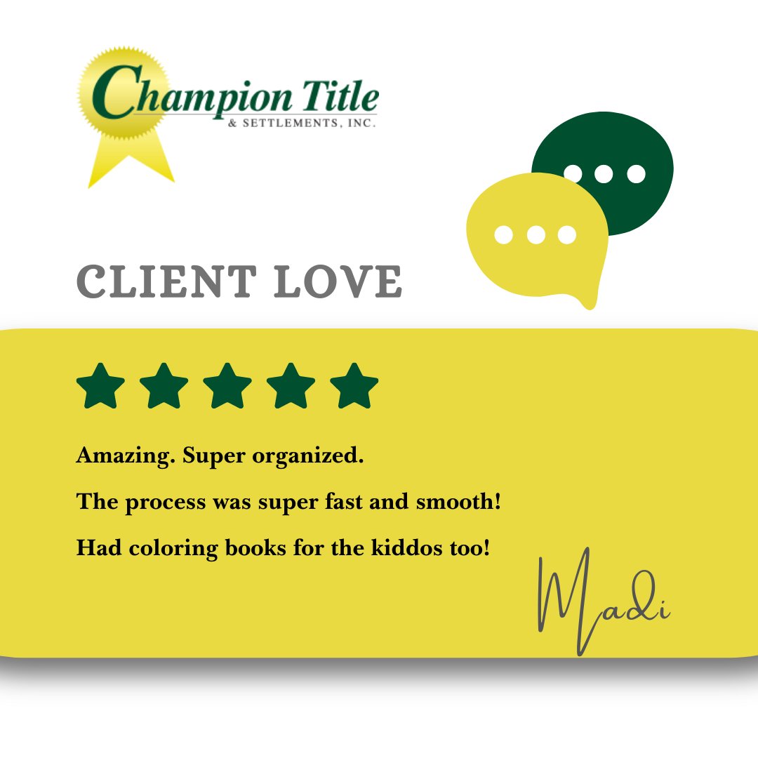 😃 Thank you Madi for your great review! We always want to make sure everyone is comfortable when they close with Champion. Glad the kids had fun too! 😉

#ChampionTitleandSettlements #DCRealEstate #NOVARealEstate #TitleIndustry #TitlePartners #TitleProfessionals #VARealEstate