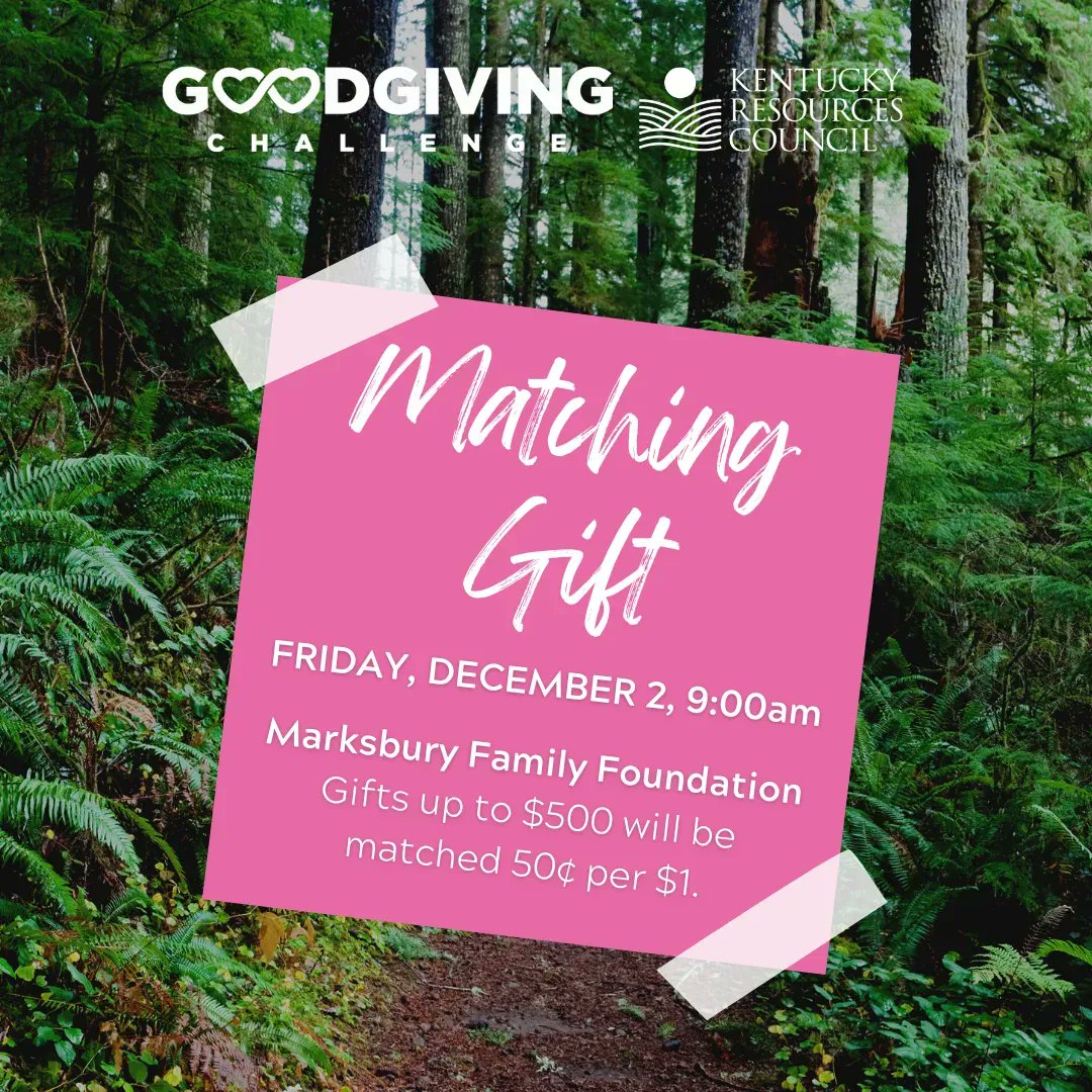 STARTING AT 9:00AM - Your donation (up to $500) will be matched 50¢ per $1.
 
So, your gift of $500 automatically becomes $750. Support our environmental defense of Kentucky and give at bggives.org/kyresources starting at 9:00am.

#GoodGivingChallenge