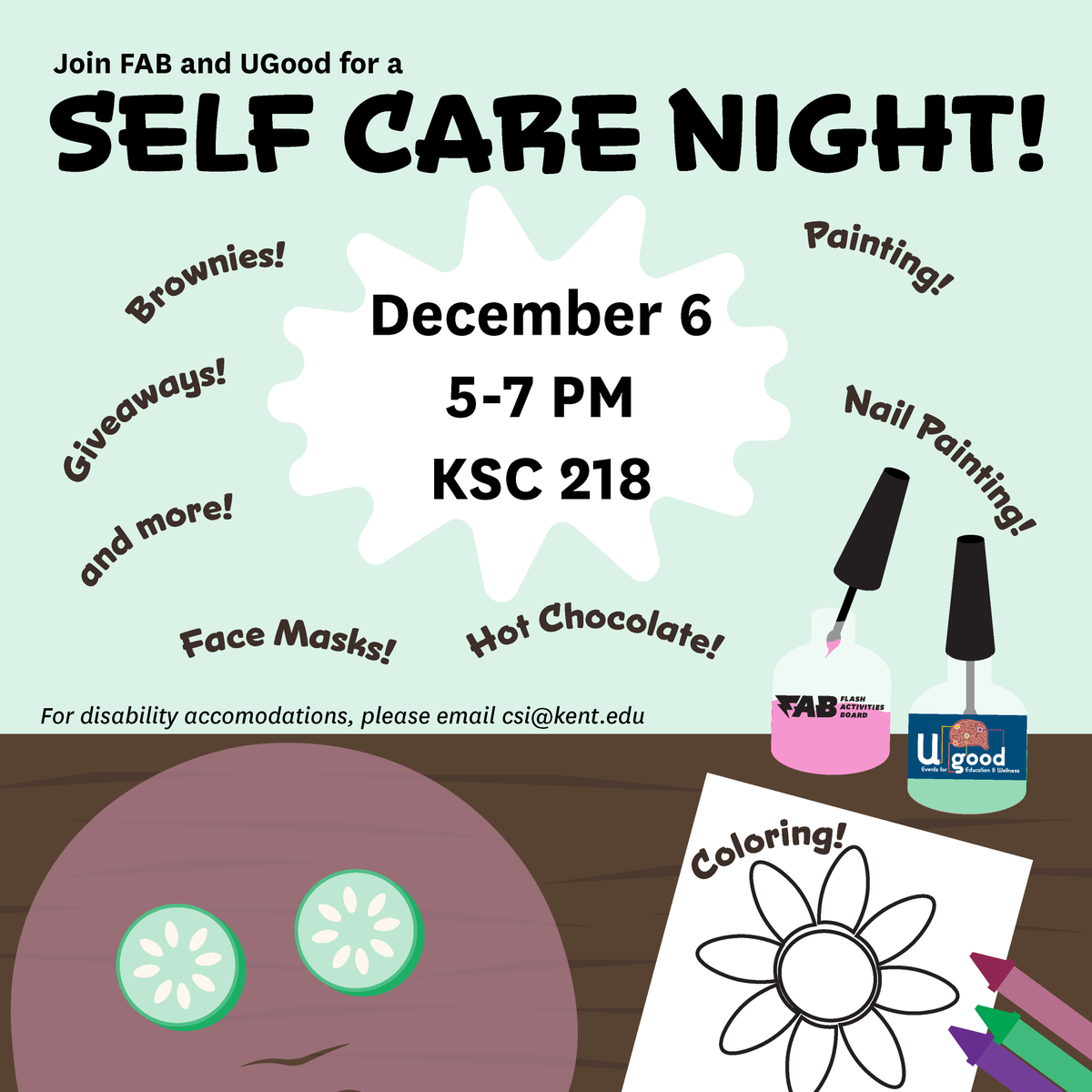 kentstatecpph's tweet photo. Looking to relax during this stressful end of the semester? Join us in Student Center room 218 for a self-care night on December 6th! See you there!
#kentstate #kentcpph #kentmentalhealth https://t.co/Xt8ovLxwUD