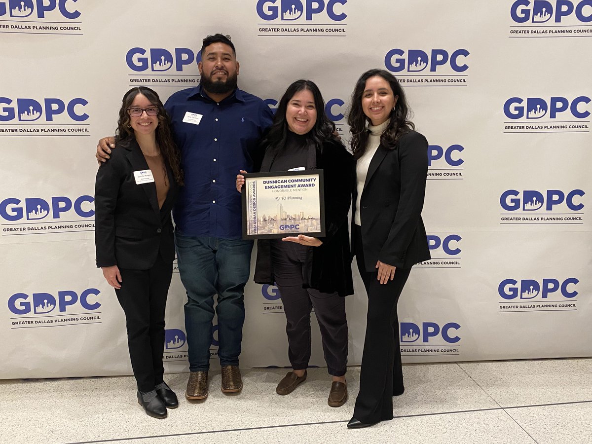 rayoplanning's tweet photo. Last night the @gdpcTX honored RAYO Planning as the runner-up for the Dunnigan Community Engagement Award at their 2022 Urban Design Awards. RAYO is grateful to be recognized for our people-powered work. 

#RayoPlanning #PeoplePoweredPlanning #Dallas #OakCliff #UrbanPlanning https://t.co/bvKUDvSVcv