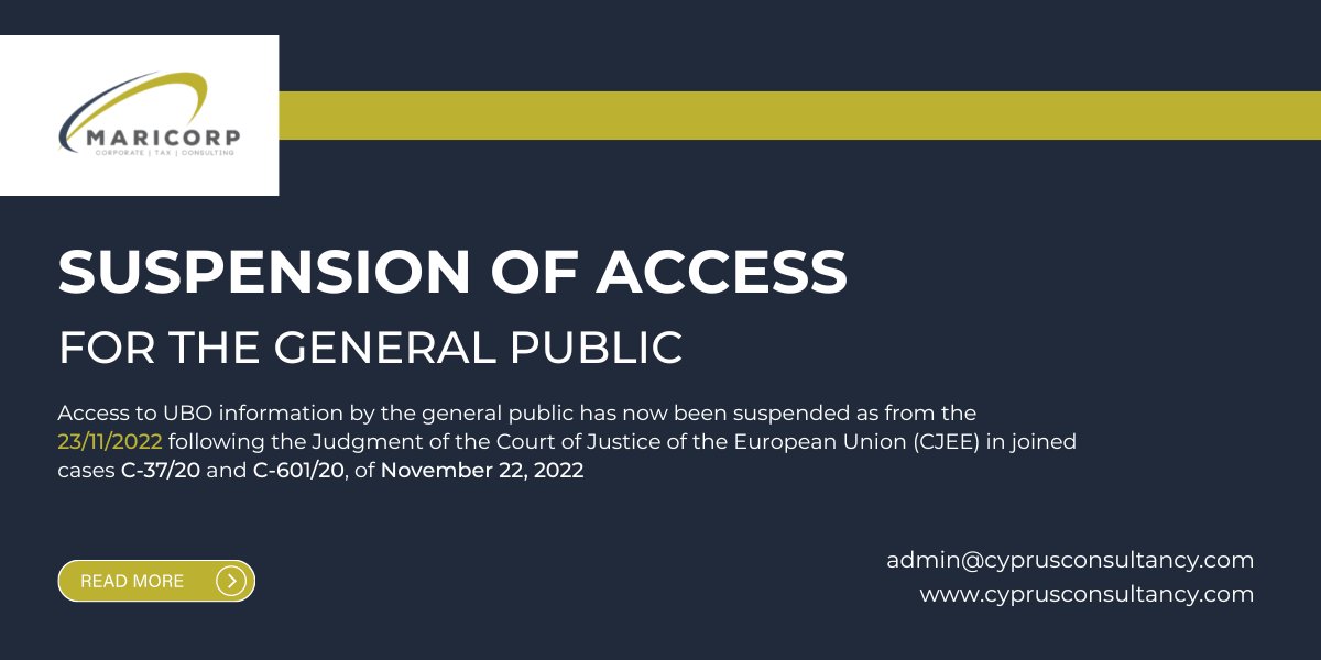 MariCorpCy's tweet photo. Access to UBO information by the general public has now been suspended as from the 23/11/2022 following the Judgment of the Court of Justice of the European Union (CJEE).

#Maricorp #Cyprus #Consultancy #CourtOfJustice #UBO https://t.co/lrX6MSArI6