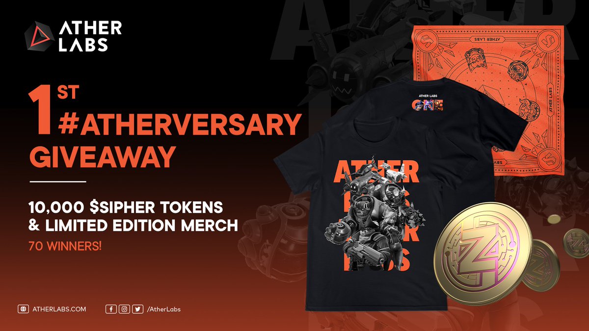 Ather Labs 1st #ATHERversary Giveaway🎁

Join us in celebrating our special day!

Limited Edition Merch - Bandana &amp; Shirt (20 winners)
10,000 $SIPHER Tokens (50 winners at 200 $SIPHER each)

✅Follow <a href="/AtherLabs/">Ather Labs</a> &amp; <a href="/playSIPHER/">SIPHΞR</a>
✅Like+RT
✅Enter giv.gg/atherlabs-1st-…

72 hours⏰